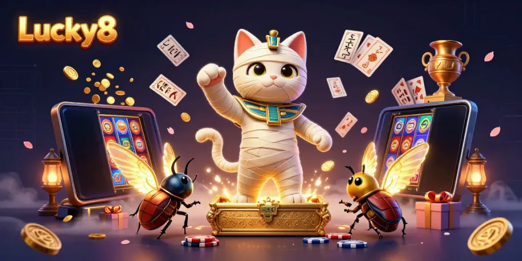 Lucky8 showcases a vibrant casino scene with an Egyptian mummy cat and scarab beetle amidst slot games and treasures.