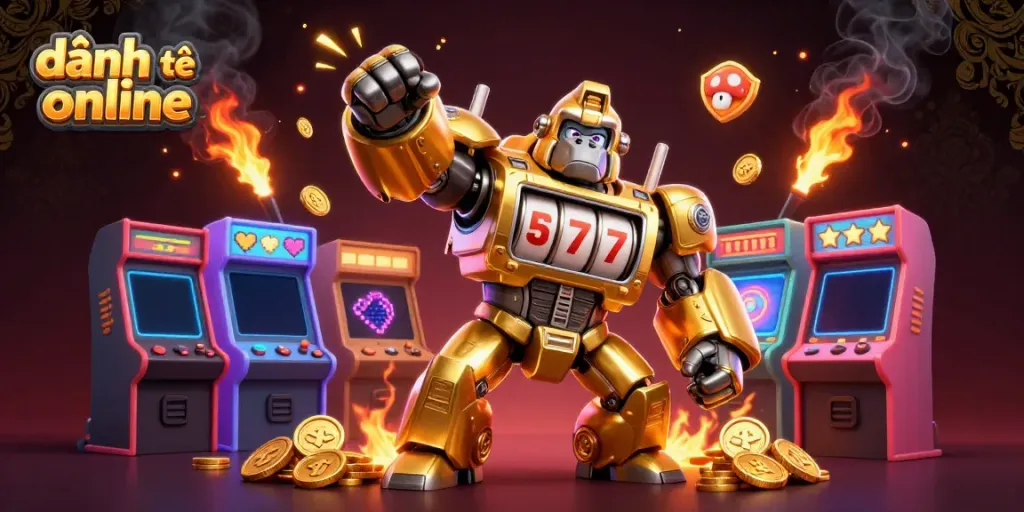 Experience the thrill of đánh đề online with a golden gorilla mech in a vibrant gaming environment.
