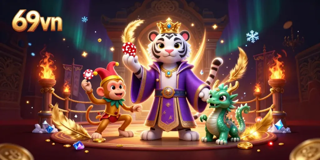 Experience excitement with 69vn as a white tiger and playful monkey enjoy a vibrant casino scene.