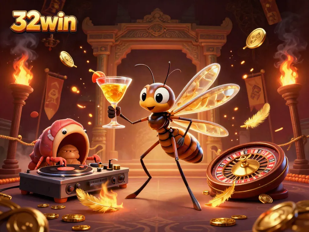 Experience the thrills at 32win's vibrant online casino universe with exciting elements and characters.