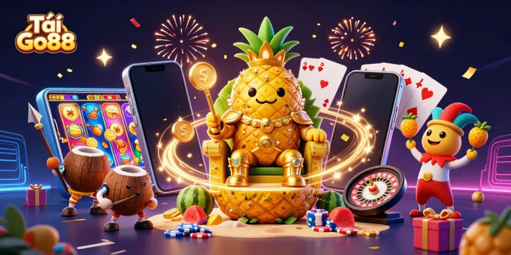 Experience the thrill of Tải Go88 with vibrant illustrations of casino action and playful characters.