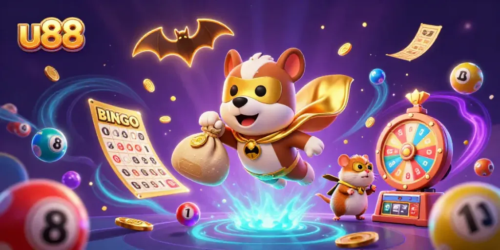 Experience thrilling wins with u88 in this vibrant 3D casino illustration, featuring a superhero dog and dynamic game elements.
