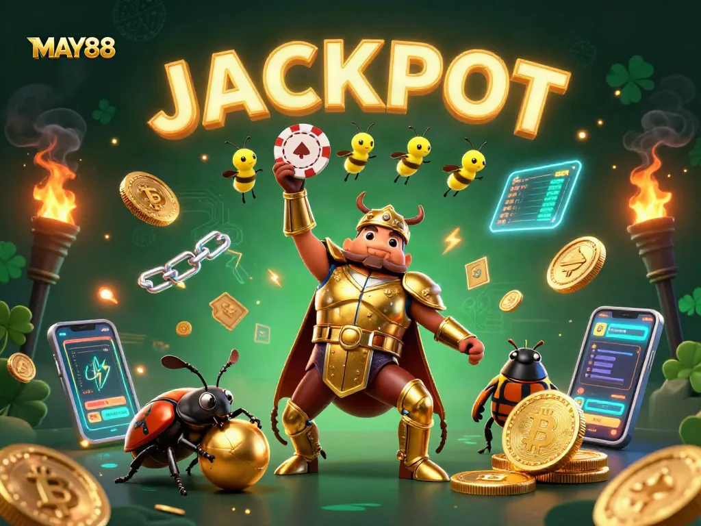 MAY88 enhances online gaming with gamblers celebrating a jackpot in a vibrant casino environment.