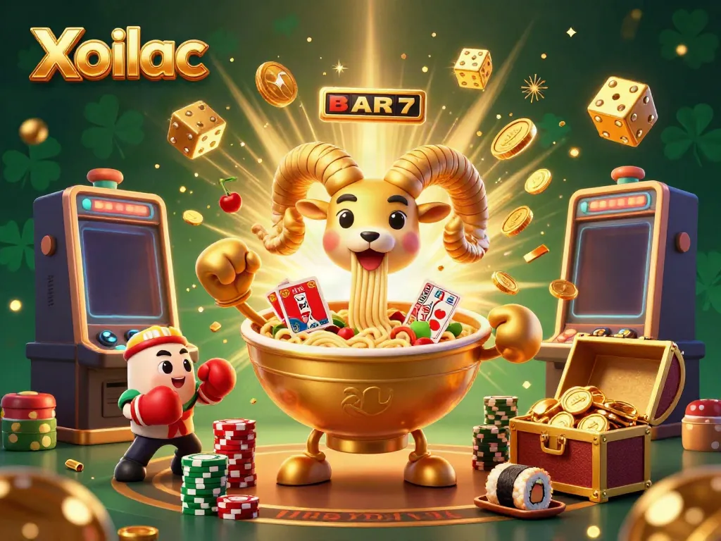 Xoilac showcases vibrant 3D casino characters and a jackpot explosion in a lively gambling scene.