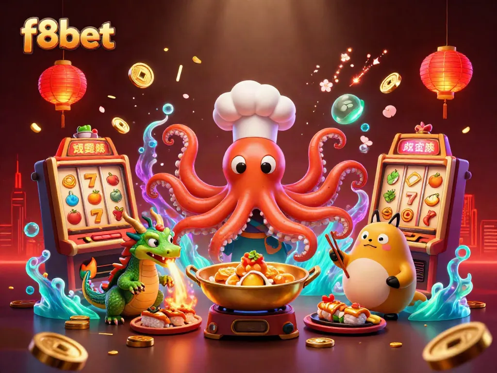 Experience the vibrant world of f8bet with the sushi chef octopus and dragon in a dynamic casino scene.