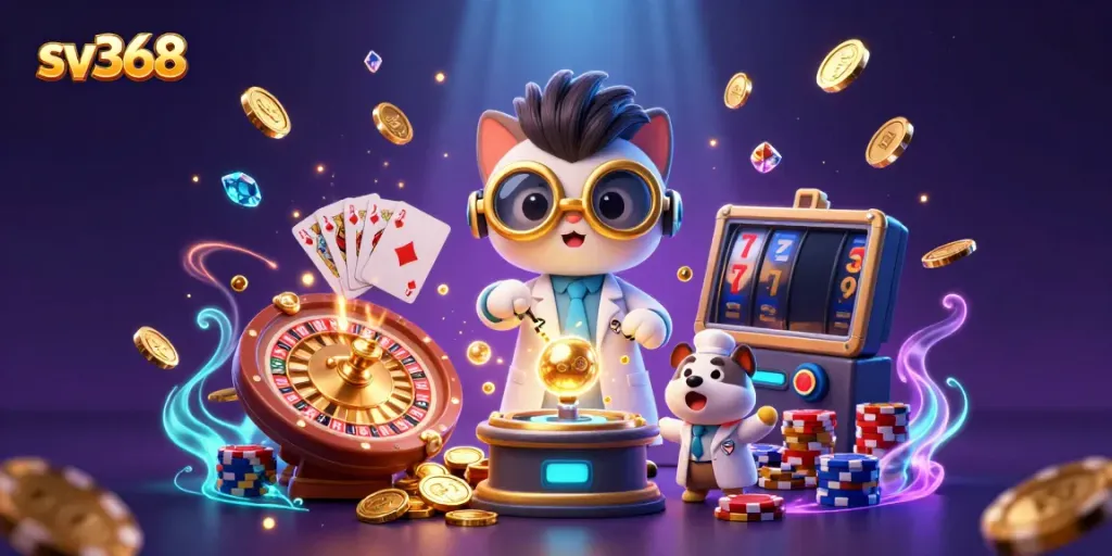 Experience sv368's interactive gaming realm with a 3D mad scientist cat and loyal dog amidst vibrant casino elements.
