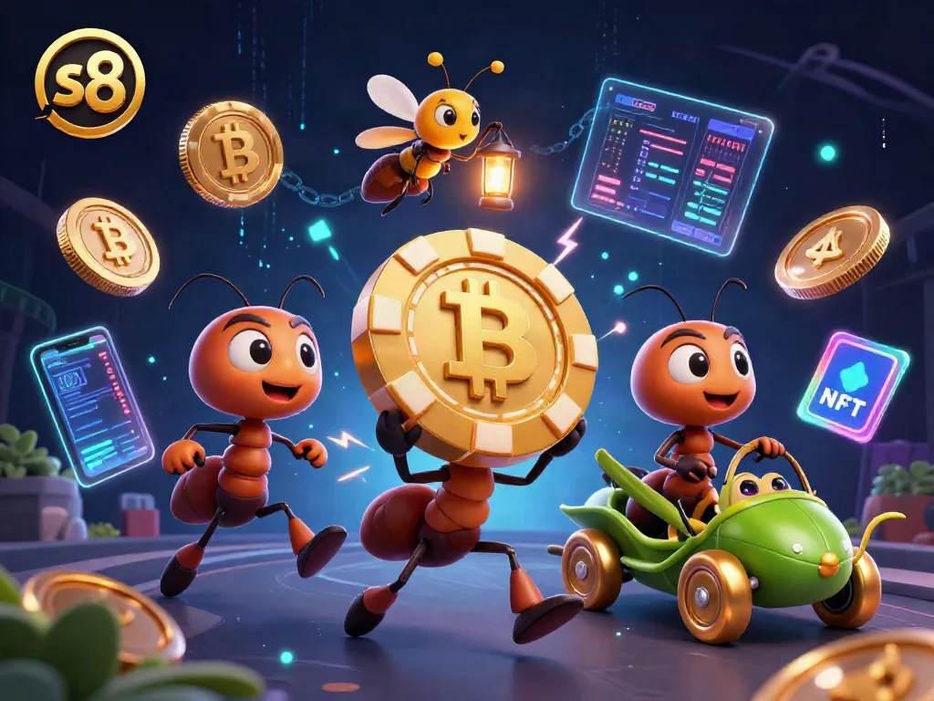 Engage with the thrilling world of s8 gaming as ants hustle with a giant poker chip in an animated casino heist scene.