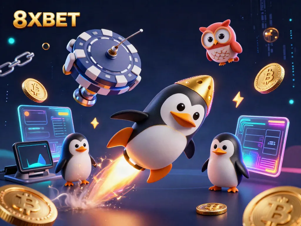 Experience thrilling gaming with 8XBET as a penguin zooms towards a colorful casino.
