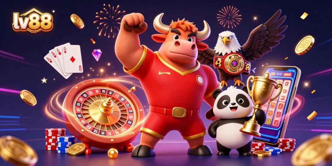 Win big with lv88 featuring a muscular bull mascot, joyful panda, and fierce eagle in a vibrant casino celebration.