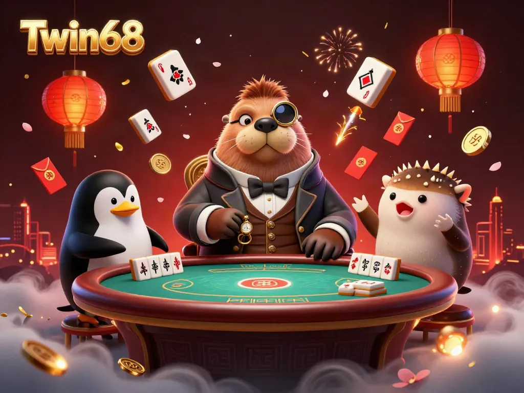 Engage in poker at Twin68's underwater table featuring a clever walrus and penguin dealer.