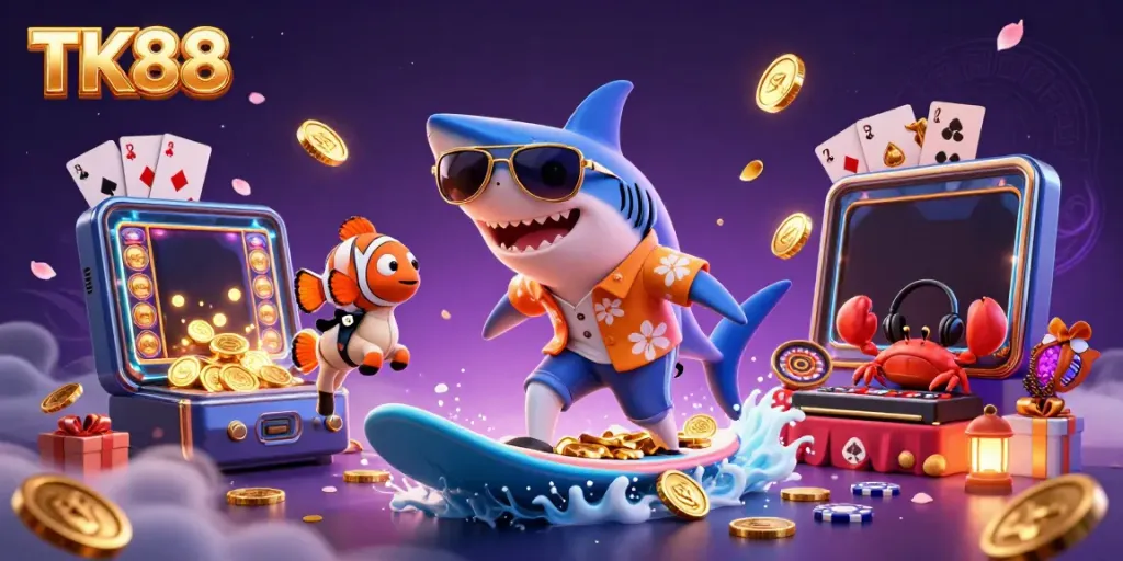 Experience the thrilling games of TK88 with vibrant casino elements and joyful characters.