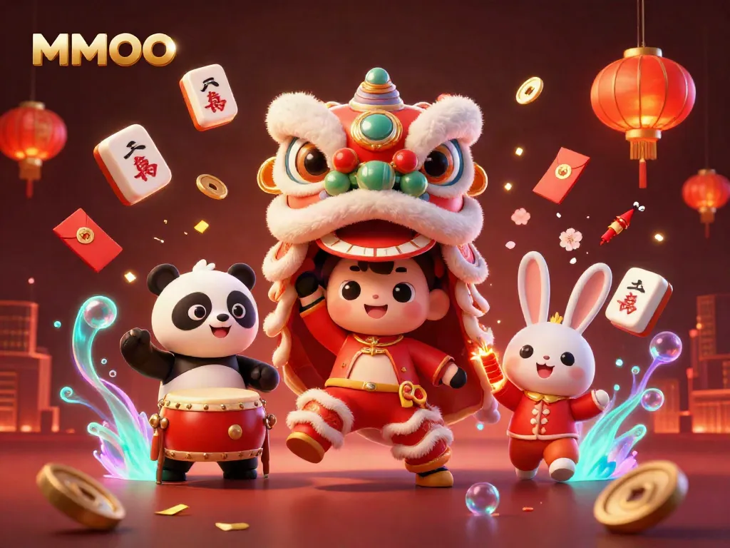 Experience the excitement of MMOO with a vibrant illustration showcasing a lion dance, drumming panda, and festive elements.