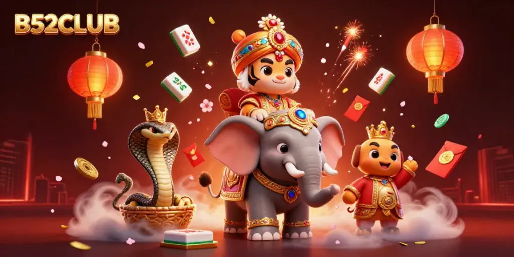 Experience the exciting world of B52CLUB with vibrant casino elements and 3D characters.