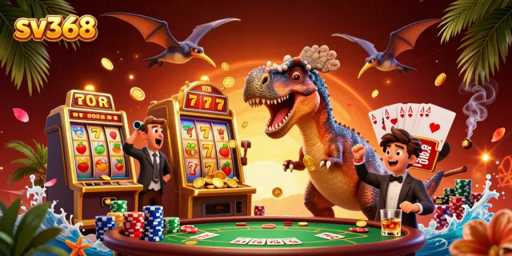 sv368 depicts a dinosaur winning jackpot coins from a golden slot machine in a vibrant casino scene