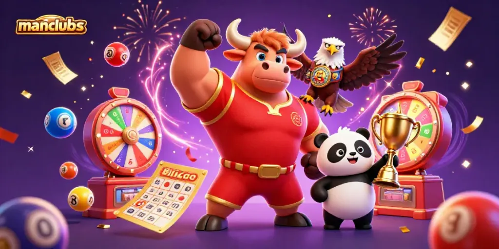 Experience thrilling wins with manclubs featuring a jubilant bull mascot, eagle, and panda in a vibrant casino scene.