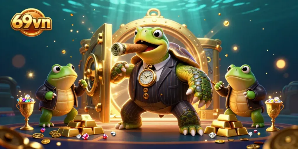 Winning action at 69vn with a cartoon turtle in mobster attire and casino treasures illuminating the scene.