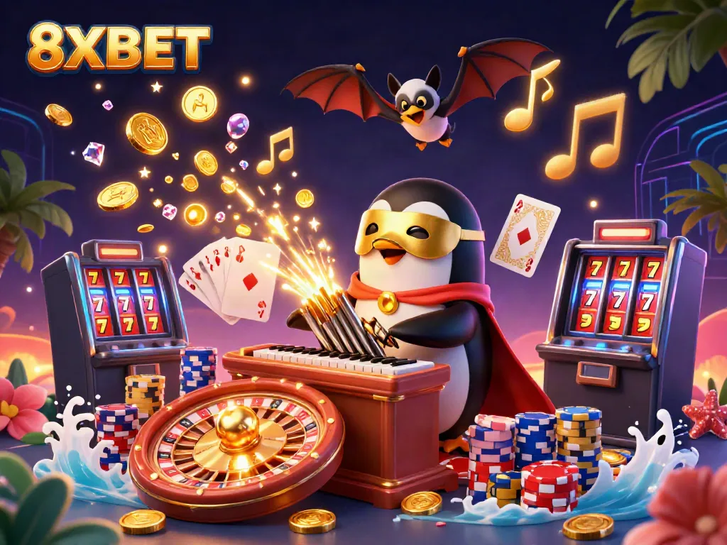 Experience the thrill of 8XBET's dynamic casino environment with golden coins and winning symbols.