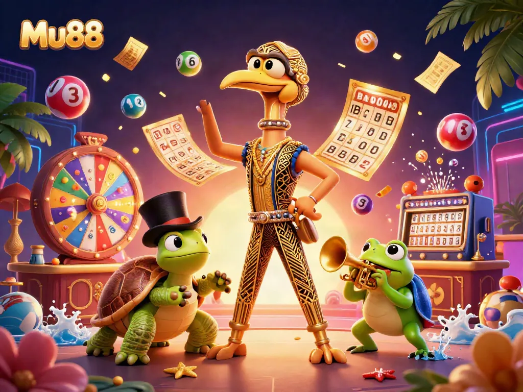 Experience the vibrant entertainment of Mu88 with interactive gaming elements and colorful characters in a lively atmosphere.