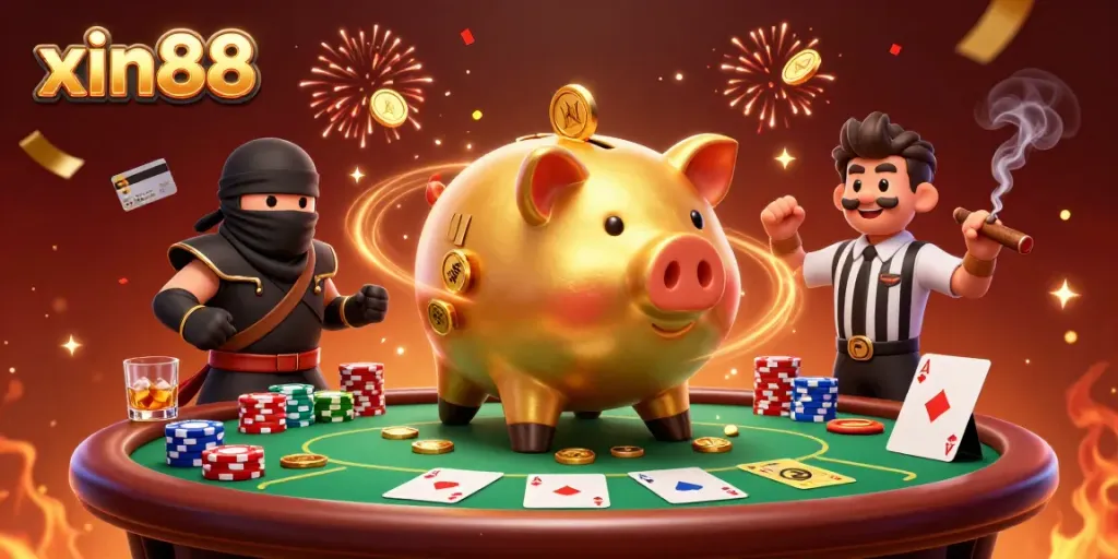 Experience the excitement of xin88 casino with a dynamic encounter between characters amidst a rich atmosphere of poker.