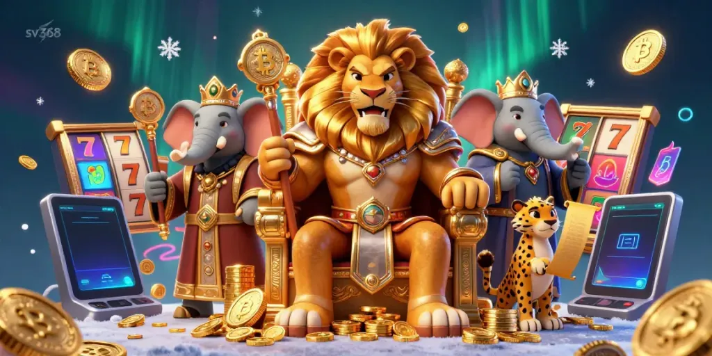 Enjoy thrilling slots at sv368 with a dynamic scene featuring a lion king, elephant advisor, and cheetah messenger.