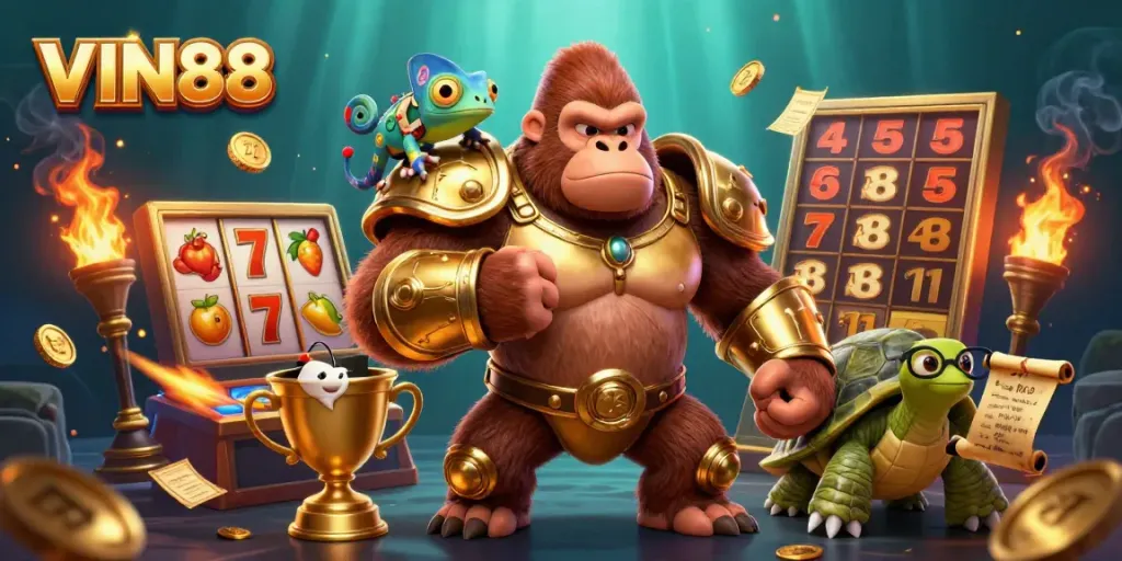 Experience the excitement of slots at VIN88 with vibrant characters and jackpot elements.