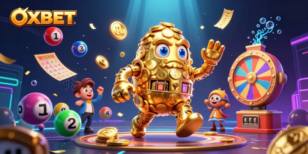 Experience OXBET's vibrant gaming world with a dynamic 3D golden golem and colorful lottery balls.
