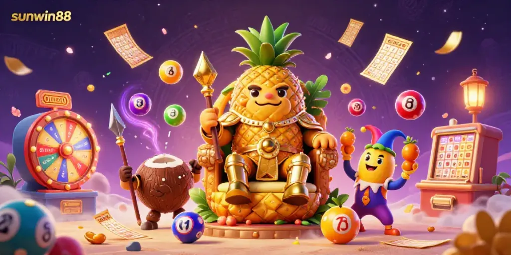 Join the gaming fun at sunwin88 with a festive beach casino featuring a golden pineapple king and vibrant lottery elements.