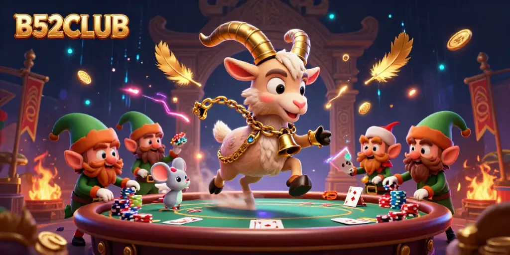 Engage in thrilling gameplay at B52CLUB with Krampus and mischievous gremlins in a dynamic casino scene.