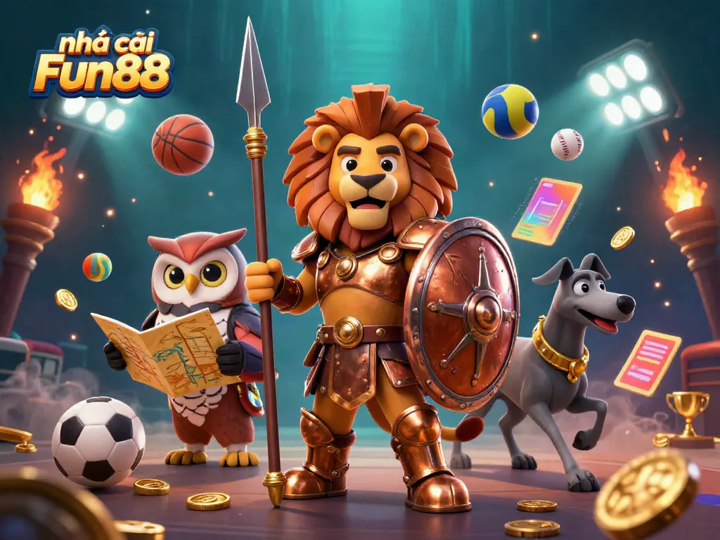 Experience the excitement at nhà cái Fun88 with an engaging 3D illustration featuring sports betting elements and vibrant characters.