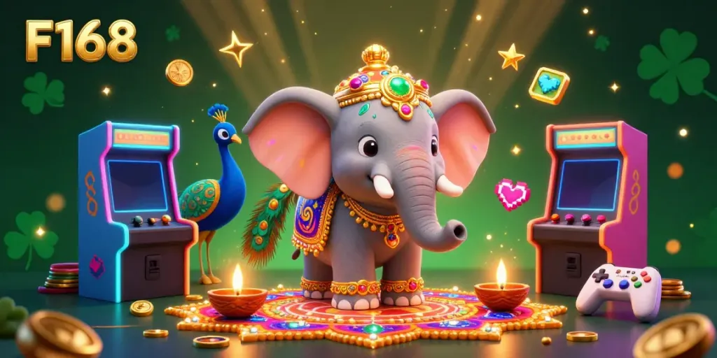 Engage with F168's vibrant casino world featuring a festive elephant and peacock among dazzling game elements.