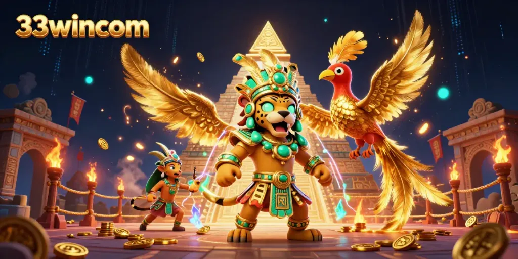 Experience thrilling gaming at 33wincom with vibrant Mayan-themed casino illustration and rich game elements.